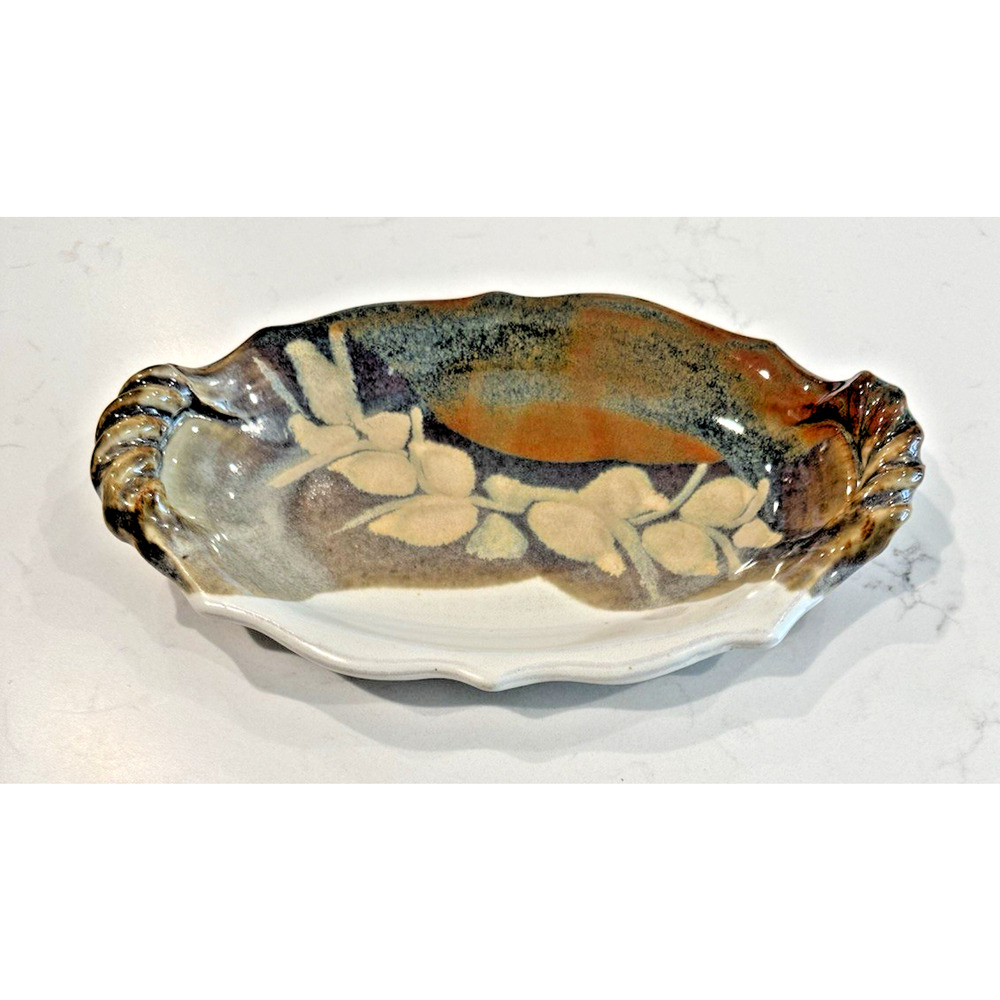 Vintage PHILIP CORNELIUS Signed Pottery Glazed Twist Handle Oval Dish